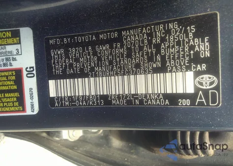 2015 Toyota Corolla Le z USA, uszkodzony, nr VIN 2T1BURHE5FC370635